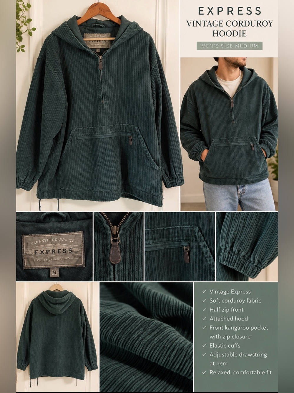 Express Men’s Corduroy Half-Zip Hoodie in Deep Green